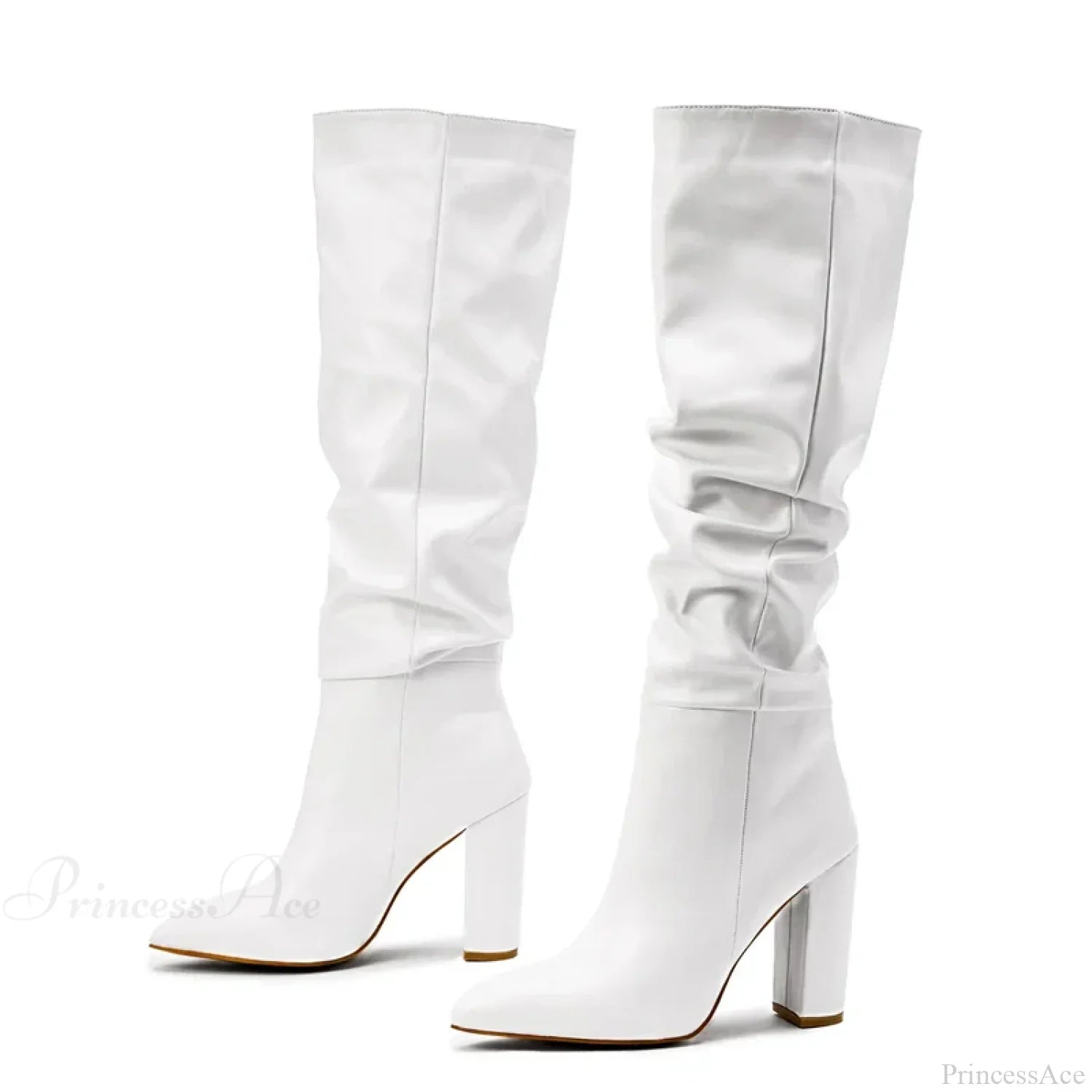Spring Fashion Pleated Chunky High Heel Sexy Slip-on Pointed Toe Knee High Boot