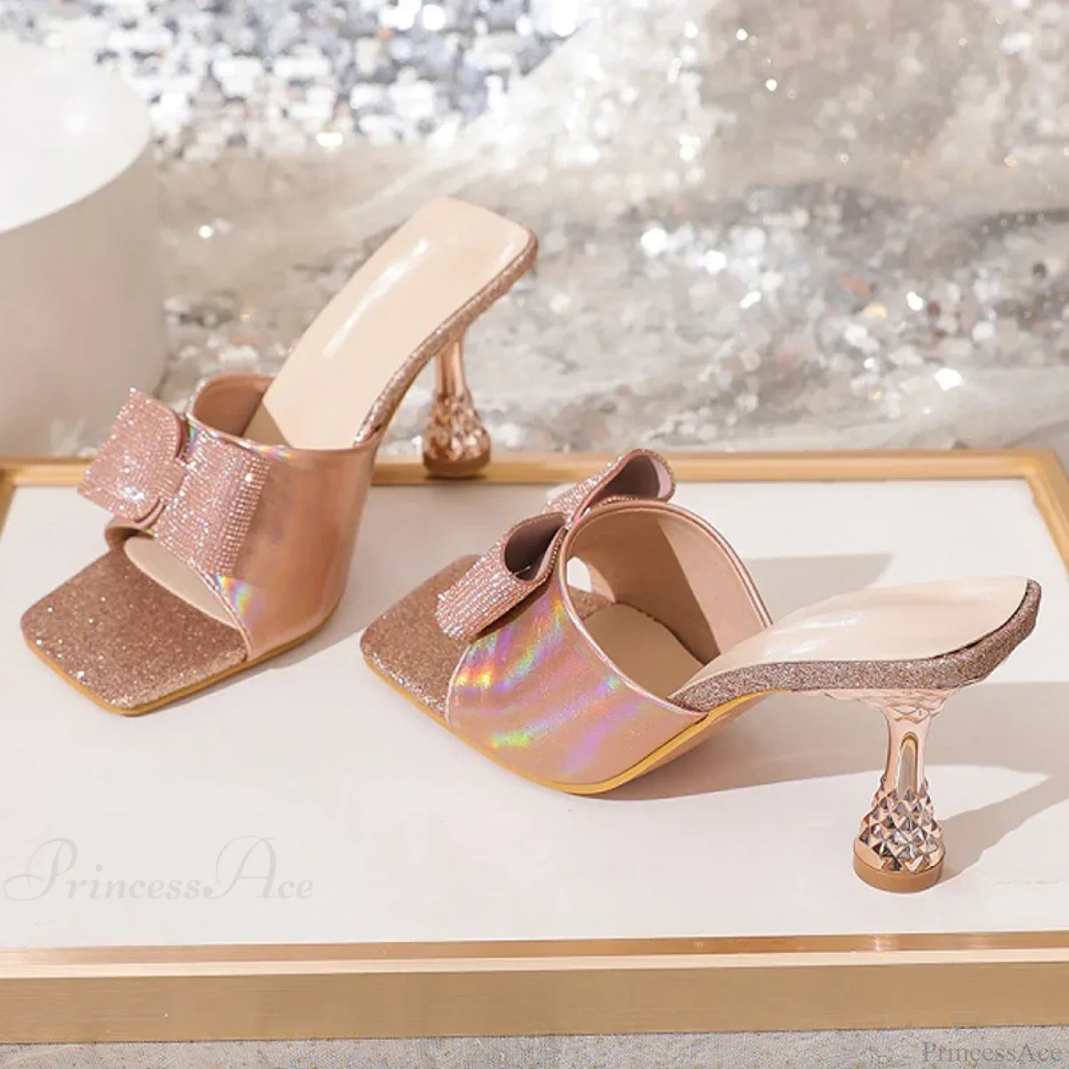Square Toe Crystal Butterfly-knot Slippers Low Heels Summer Party Low Heel Pump