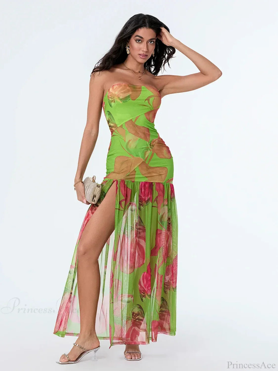 Vestido floral sin tirantes con abertura alta y dobladillo de malla