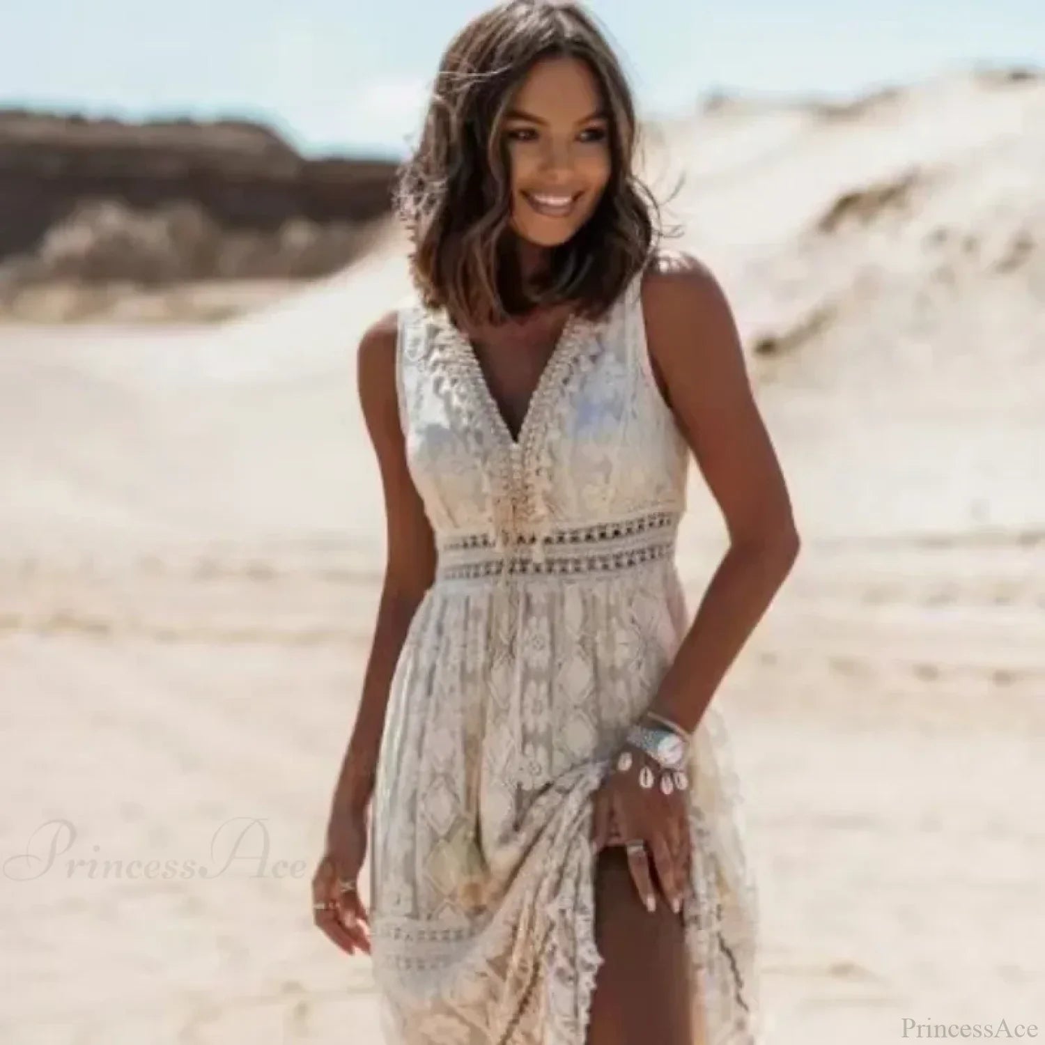 Strapless Lace Up Tassel Splicing Summer Maxi Boho Dress
