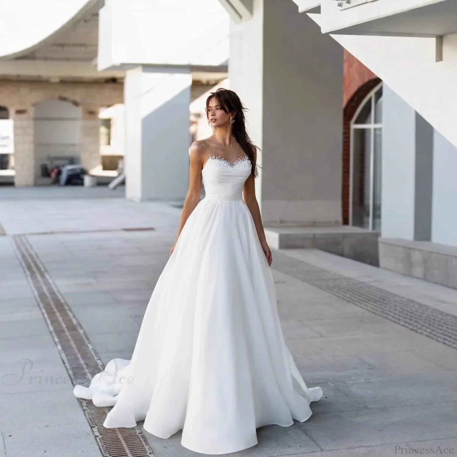 Strapless Sweet Lace Long Train Wedding Dress