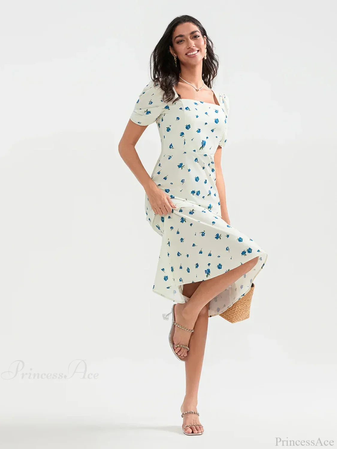 Vestido floral de verano midi con mangas abullonadas y corte en línea A
