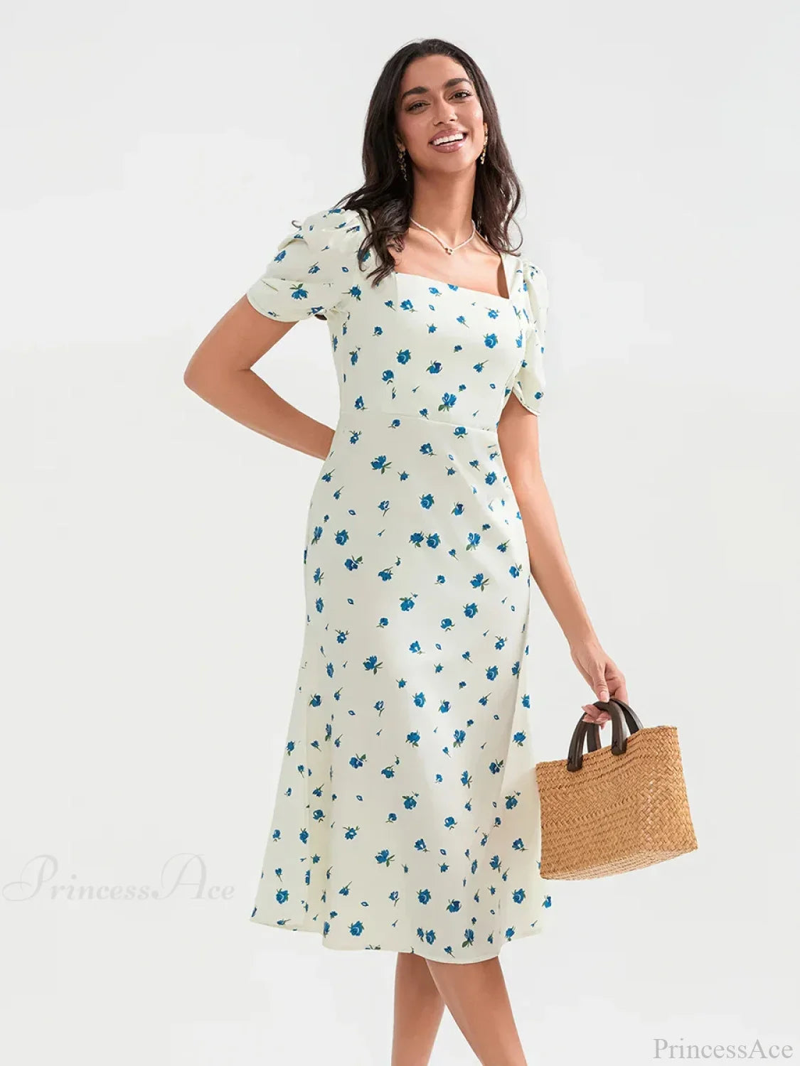 Vestido floral de verano midi con mangas abullonadas y corte en línea A