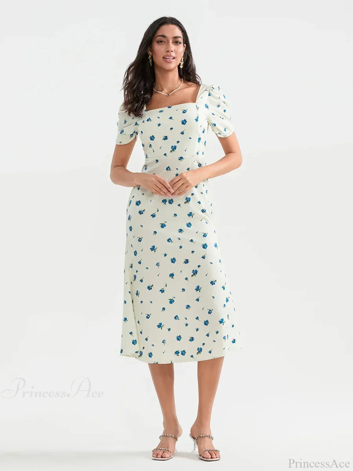 Vestido floral de verano midi con mangas abullonadas y corte en línea A