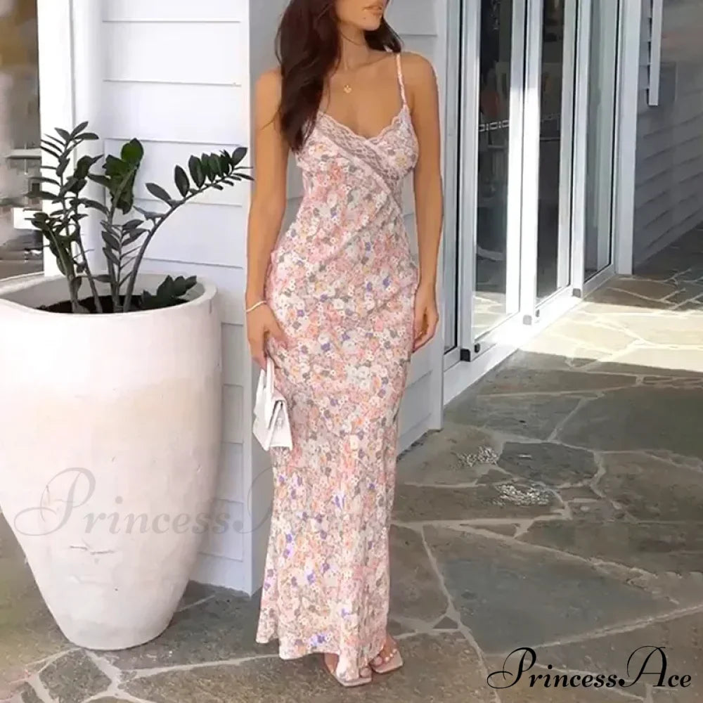 Summer Maxi Print Sleeveless Backless Lace Casual Elegant Club Party Bodycon Dress