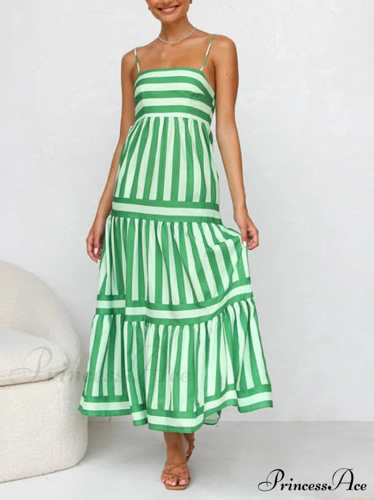Suspender Open Back Striped Graceful Positioning Print Pocket Midi Dress