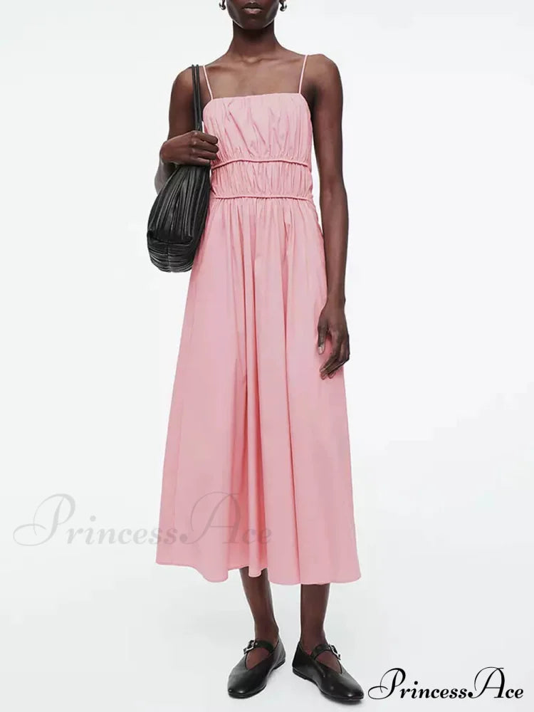 Suspender Pleated Stylish Waist Midi Dress