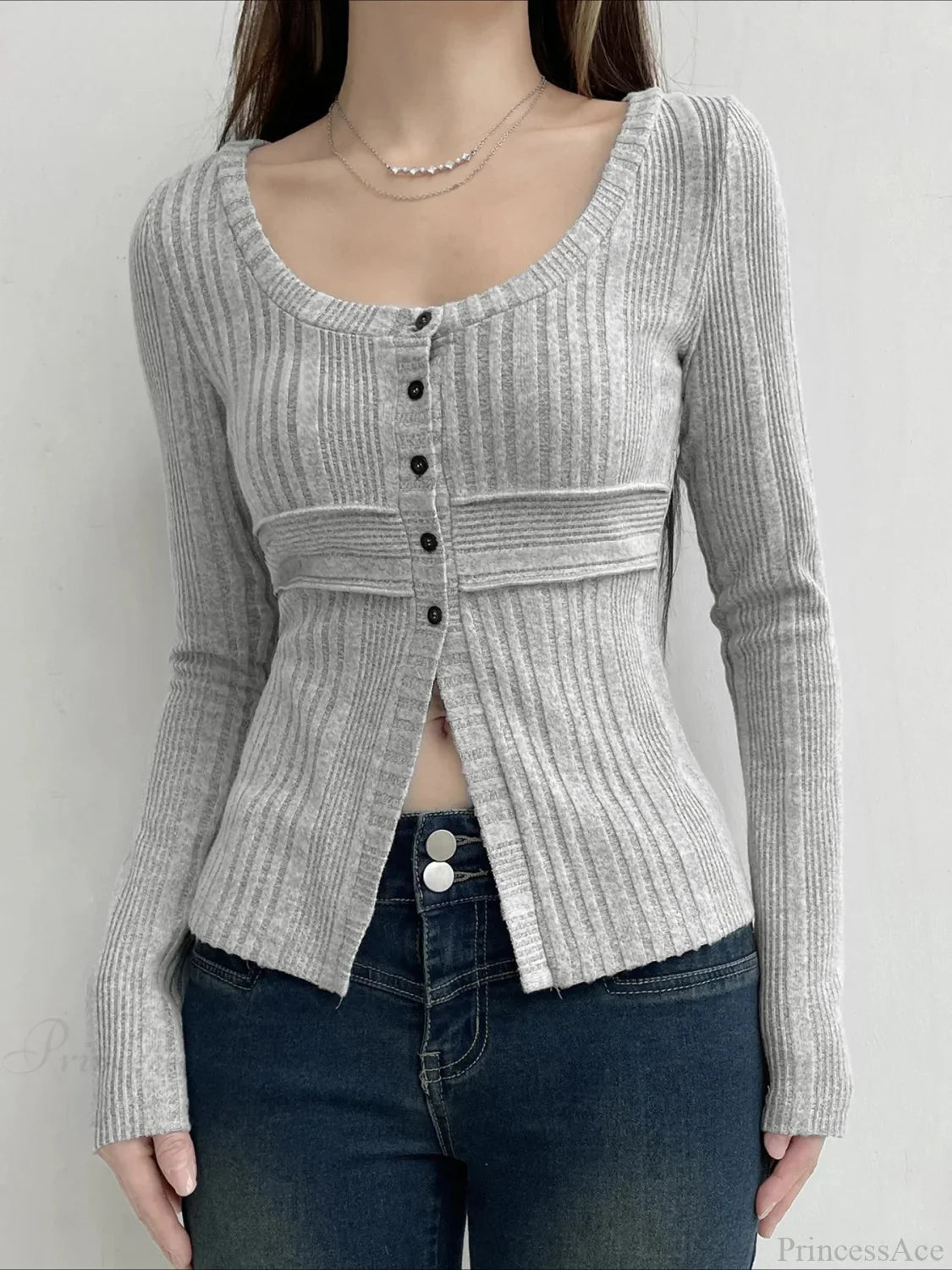 Sweet Solid Split Square Collar Long Sleeve Knit Top