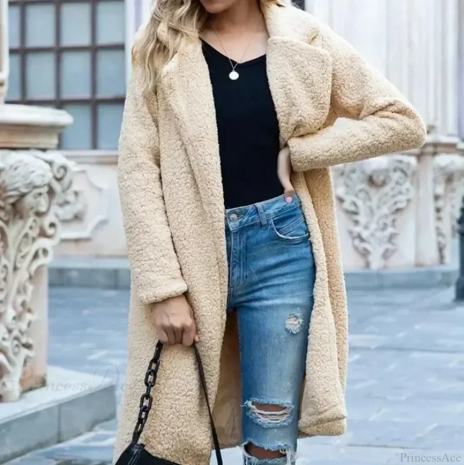 Manteau long en peluche à col roulé ours en peluche