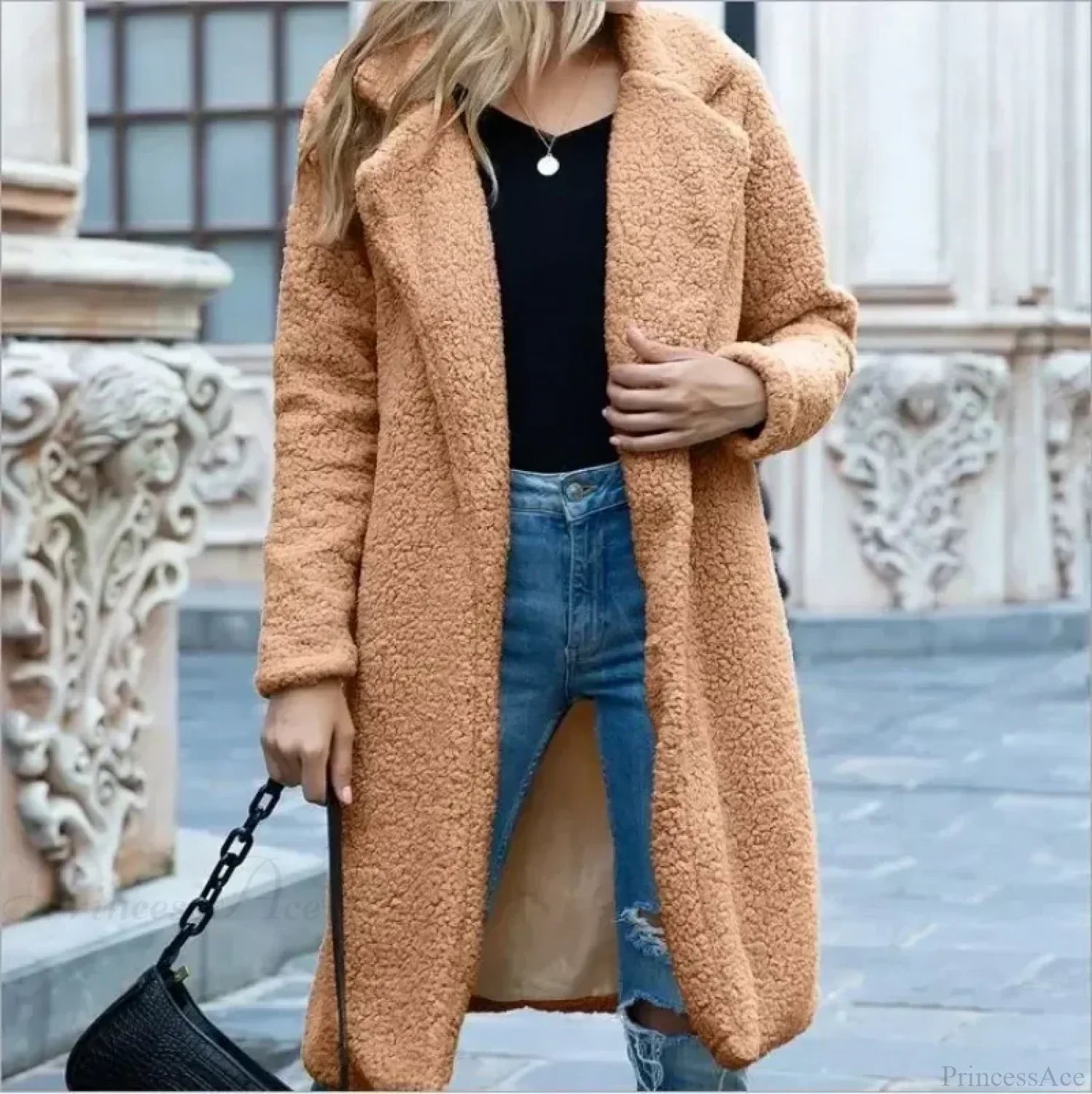 Manteau long en peluche à col roulé ours en peluche
