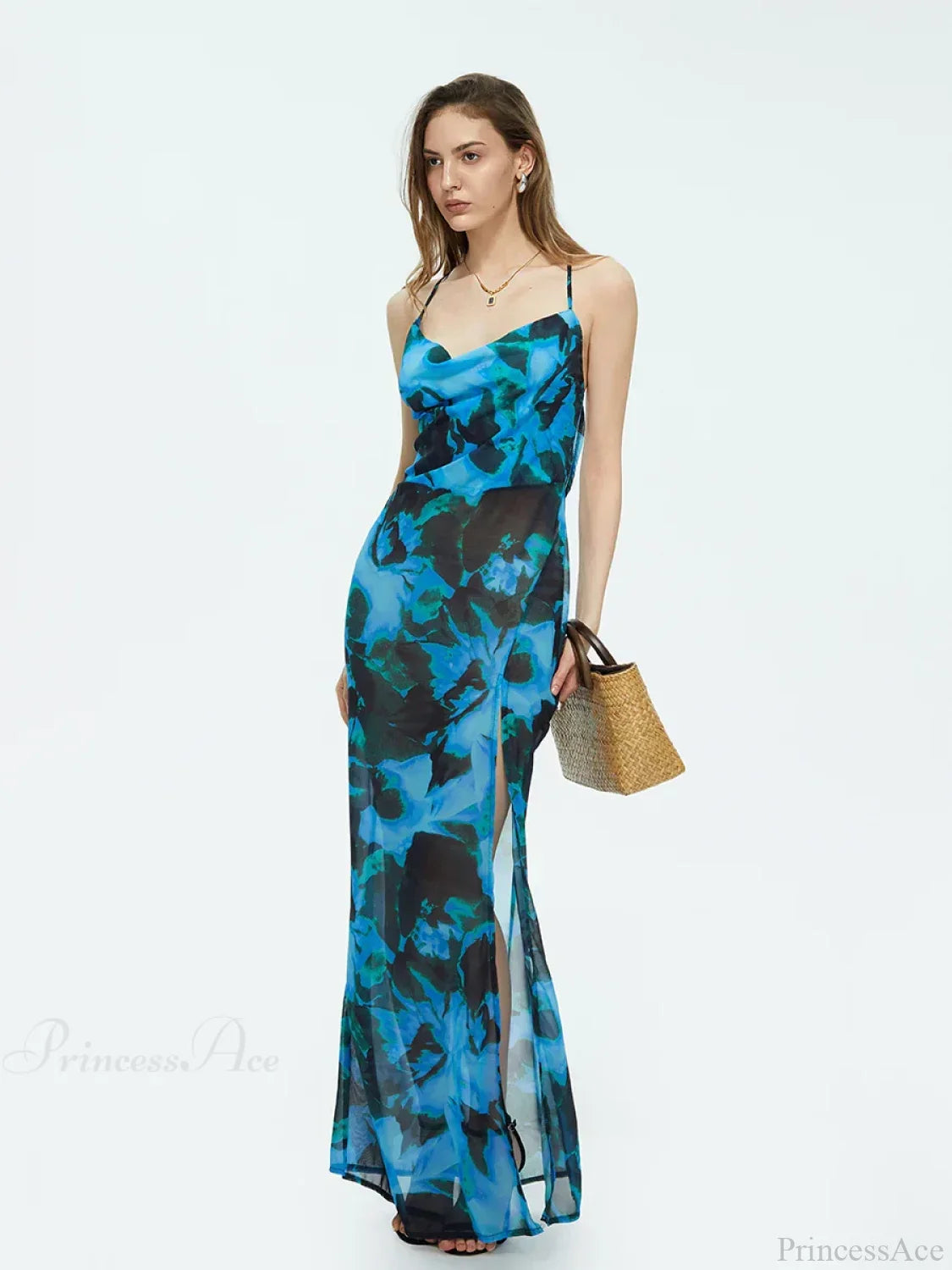 Vestido floral sin espalda con tirantes y teñido anudado