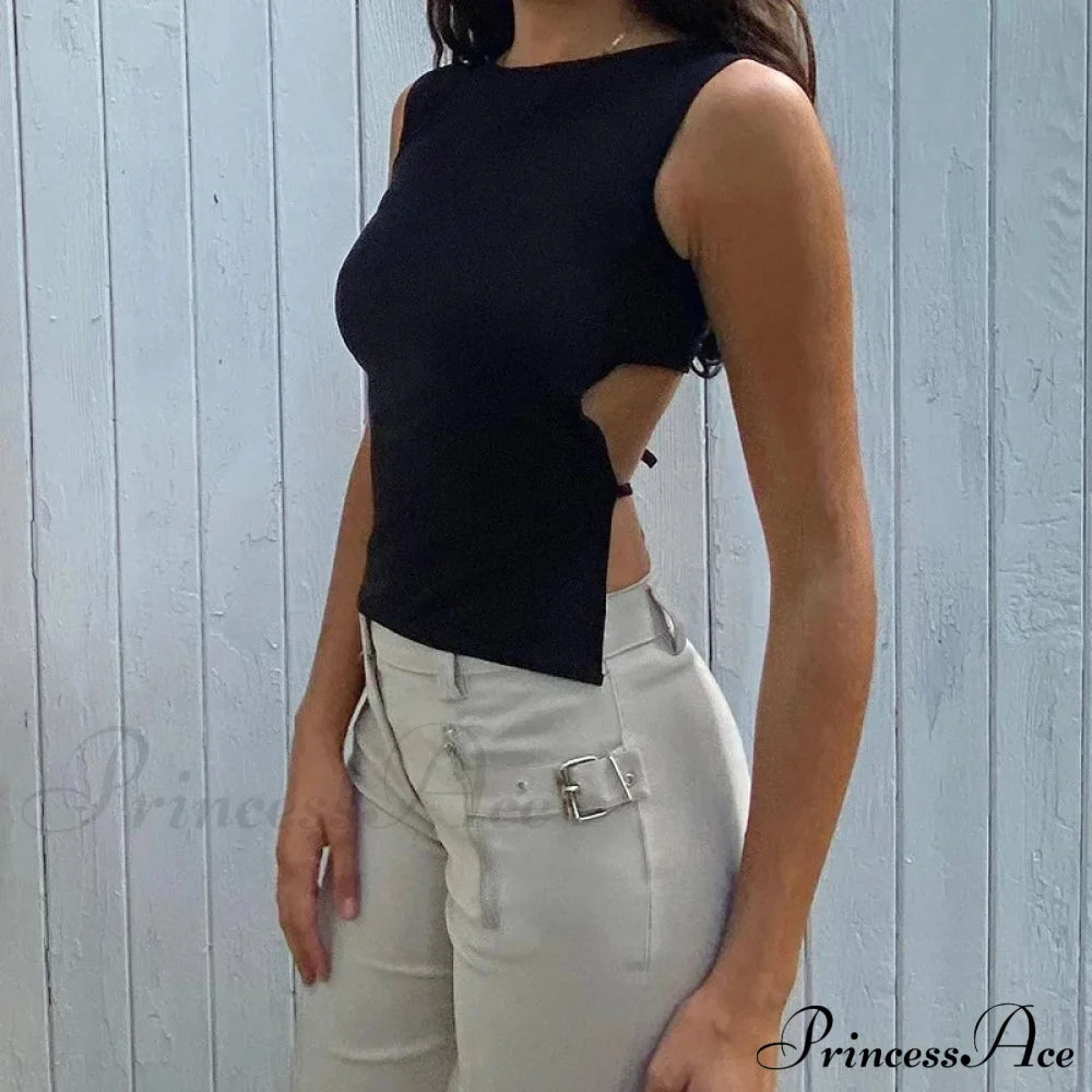 Tied Backless Solid Sleeveless Crop Summer Sexy Skinny Simple Trim Outfits Mock Neck Basic Tank top