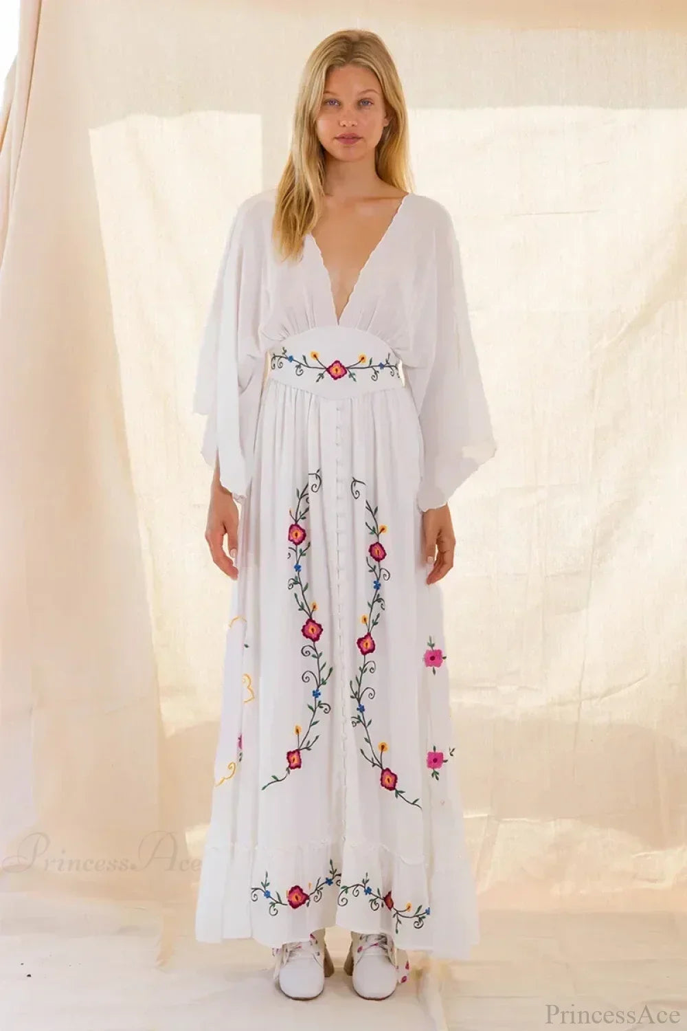 V-neck Embroidery Flower Retro National Boho Dress