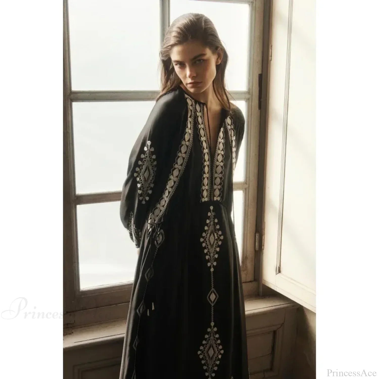 V-neck Lantern Sleeve Free Style Cotton Boho Dress