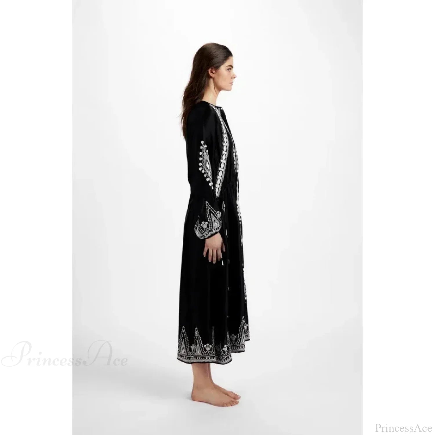 V-neck Lantern Sleeve Free Style Cotton Boho Dress