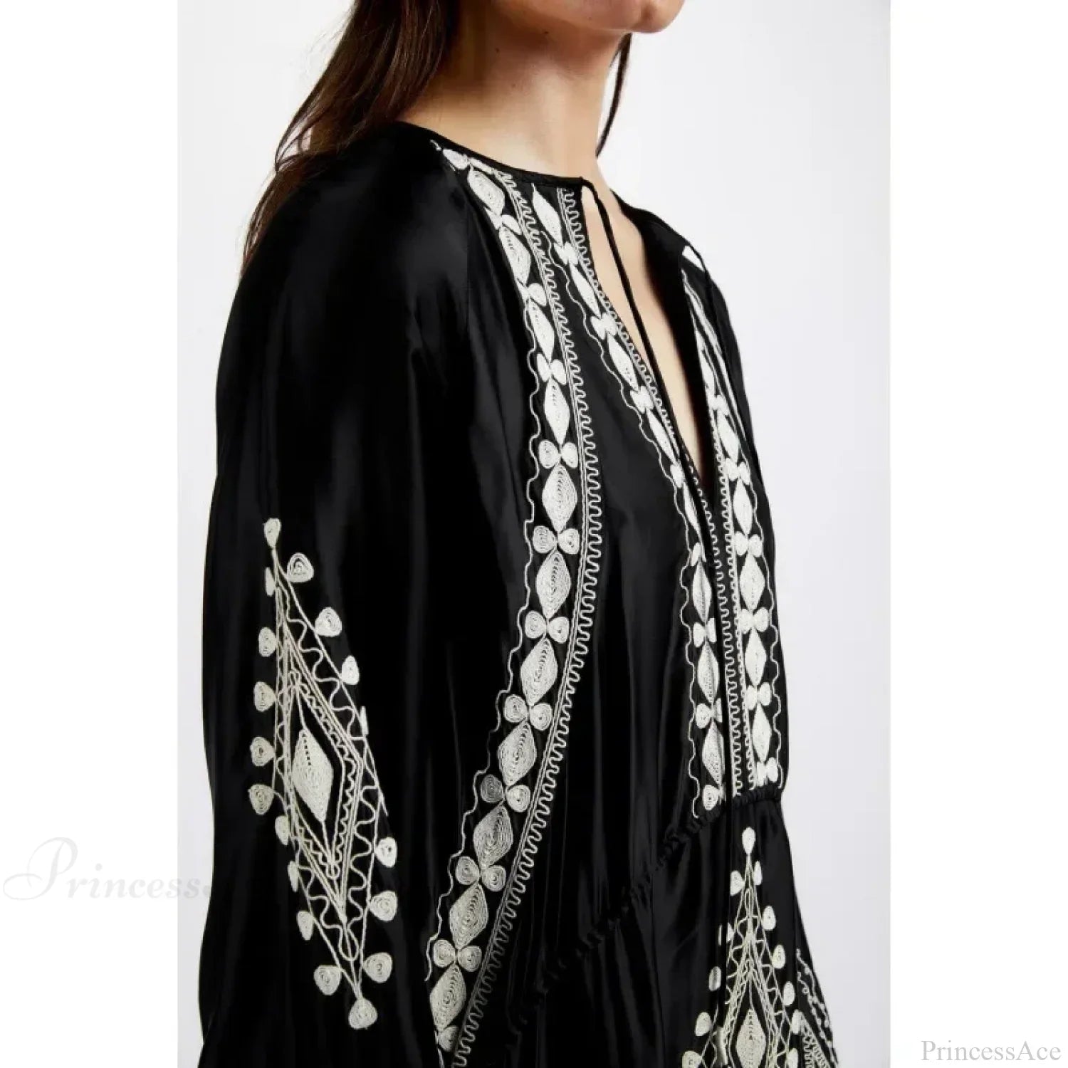 V-neck Lantern Sleeve Free Style Cotton Boho Dress