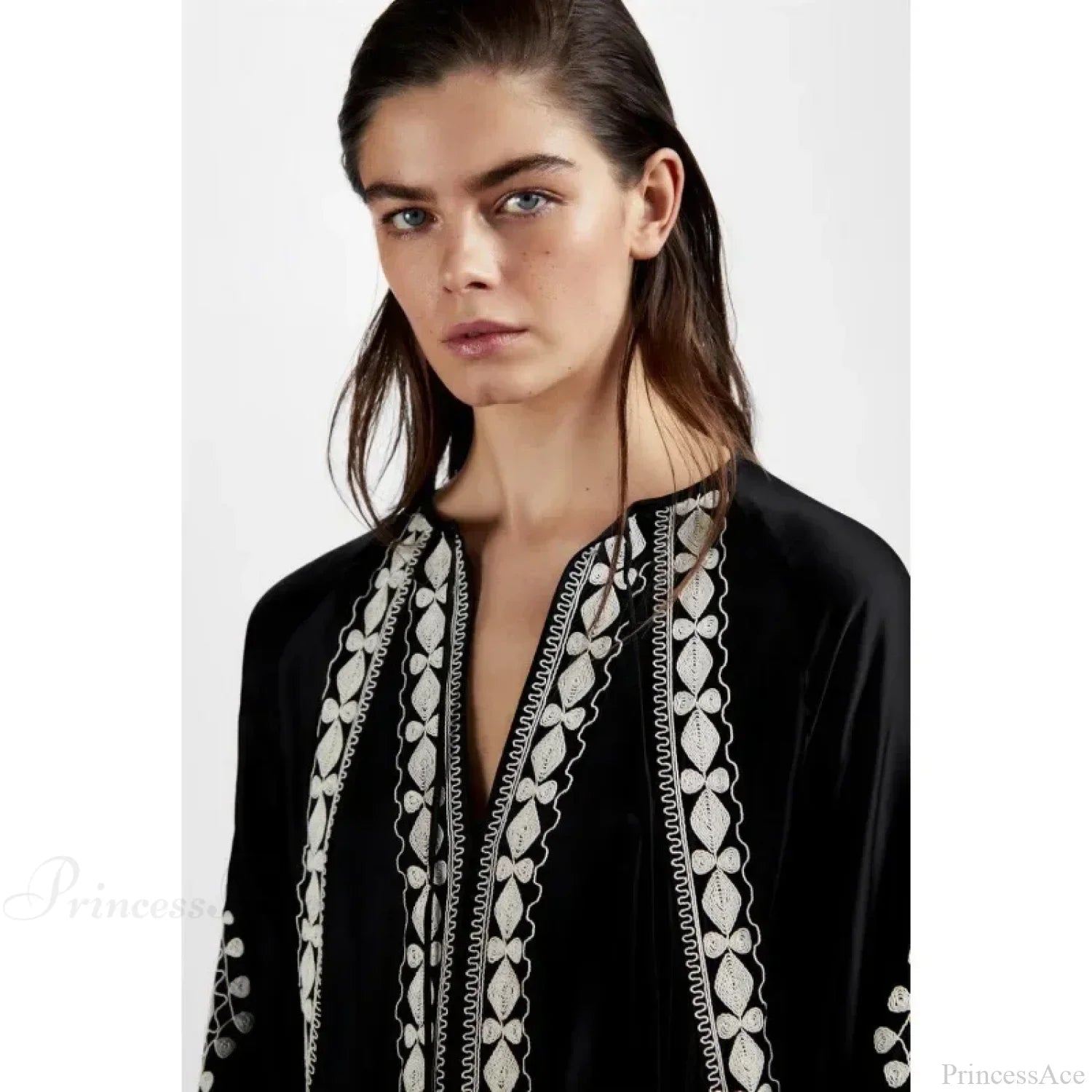 V-neck Lantern Sleeve Free Style Cotton Boho Dress