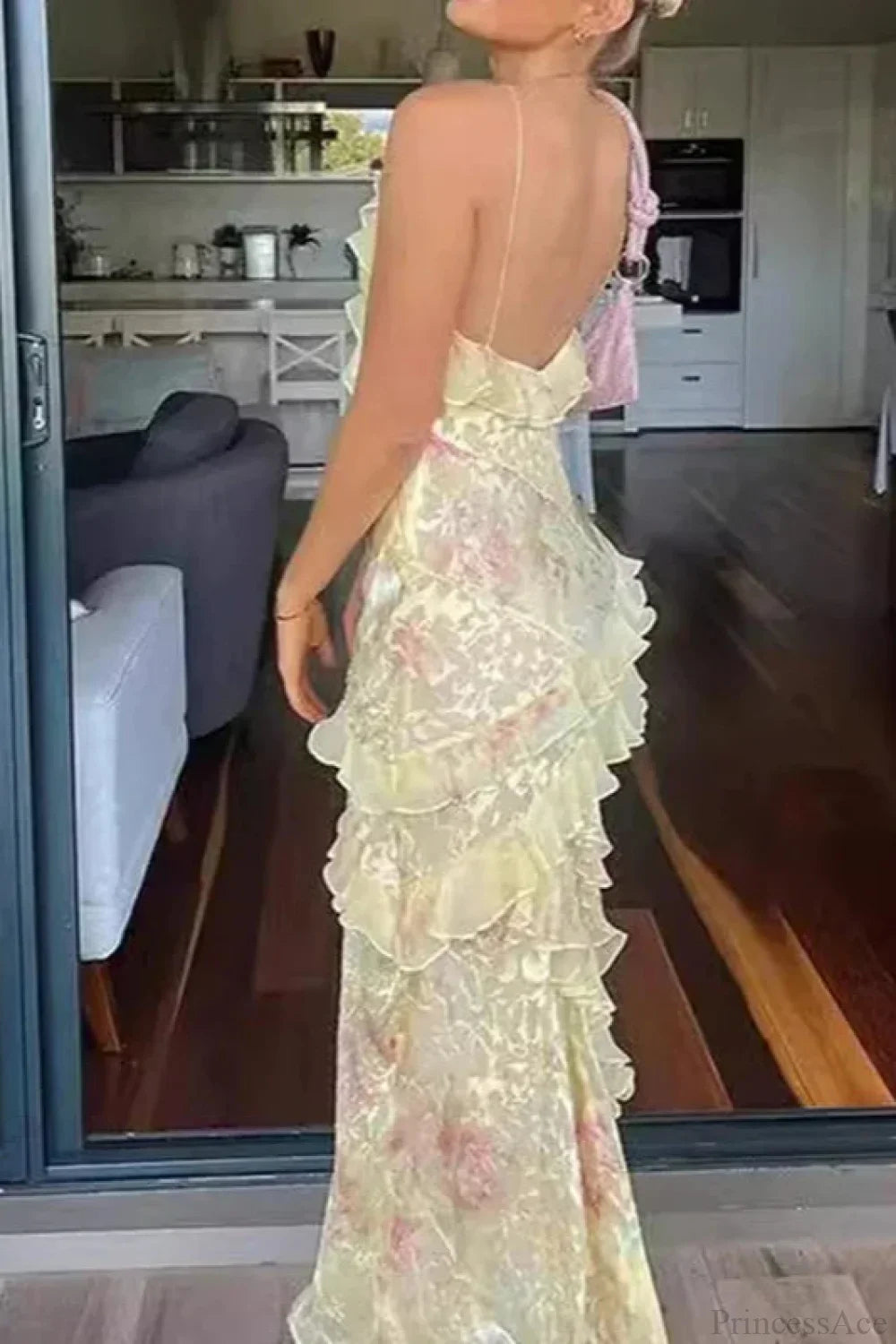 V Neck Ruffled Floral Print Vacation Dress