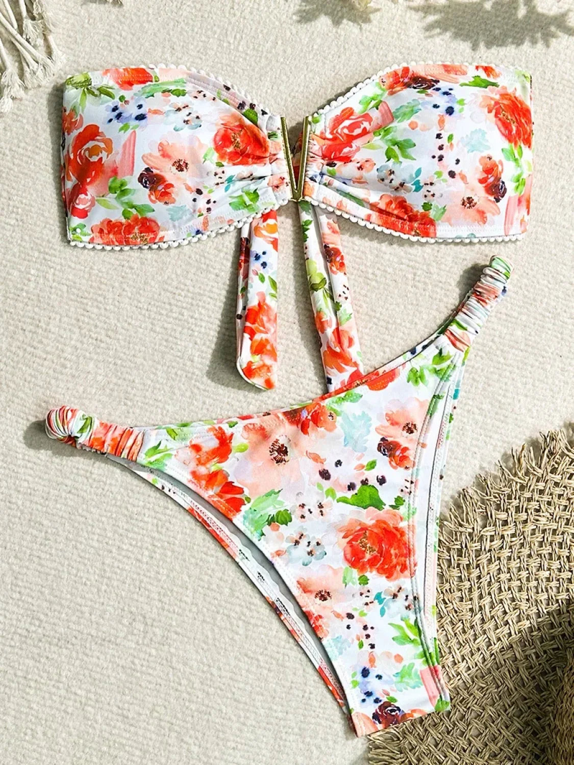 V Shaped Bandeau Floral Bikini Set