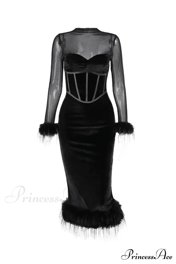 Velvet Patchwork Fuzzy Hem Slit Dress