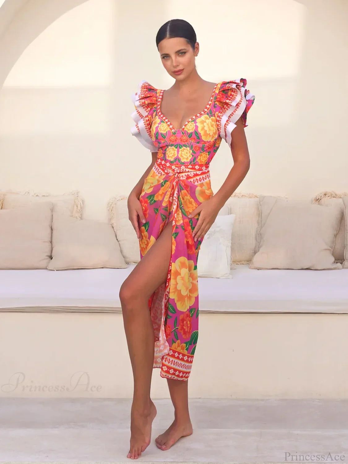 Vintage Bamboo Print Sarong Two Piece Set