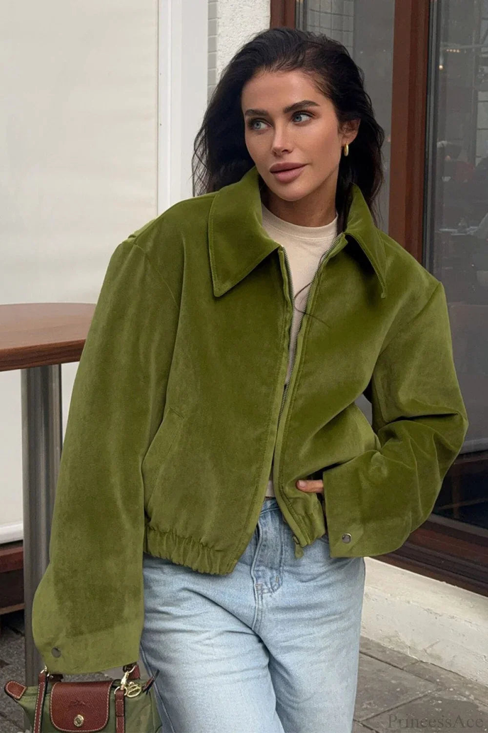 Vintage Green Velvet Loose Baseball Lapel Jacket