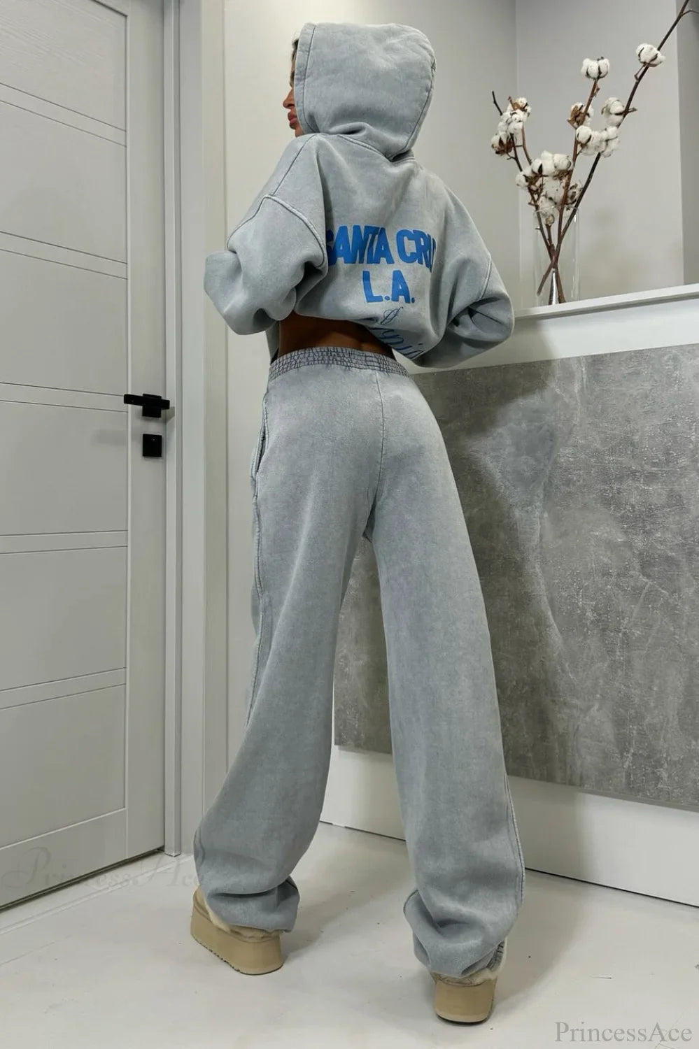 Vintage High Street Gray Loose Hoodie Jogger Two Piece Set