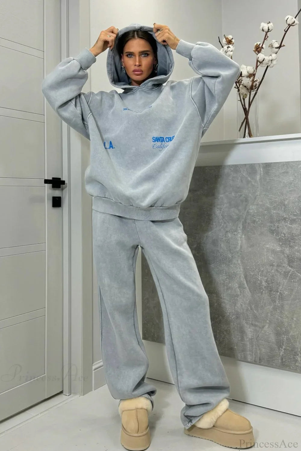 Vintage High Street Gray Loose Hoodie Jogger Two Piece Set