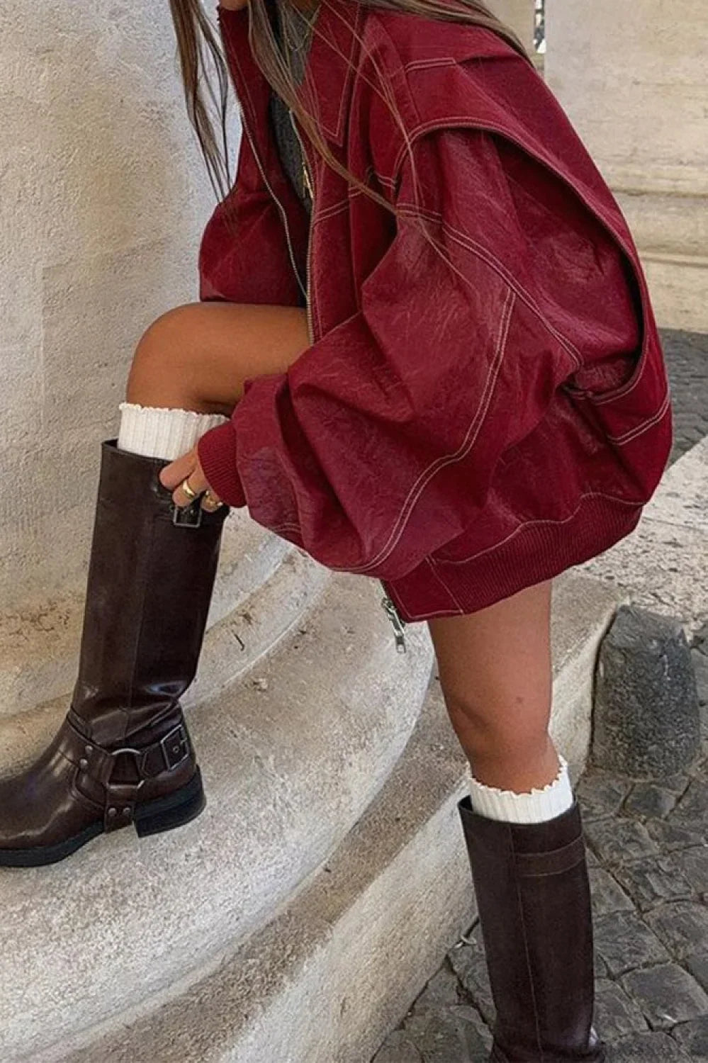 Vintage Loose Long Sleeve Lapel Leather Jacket