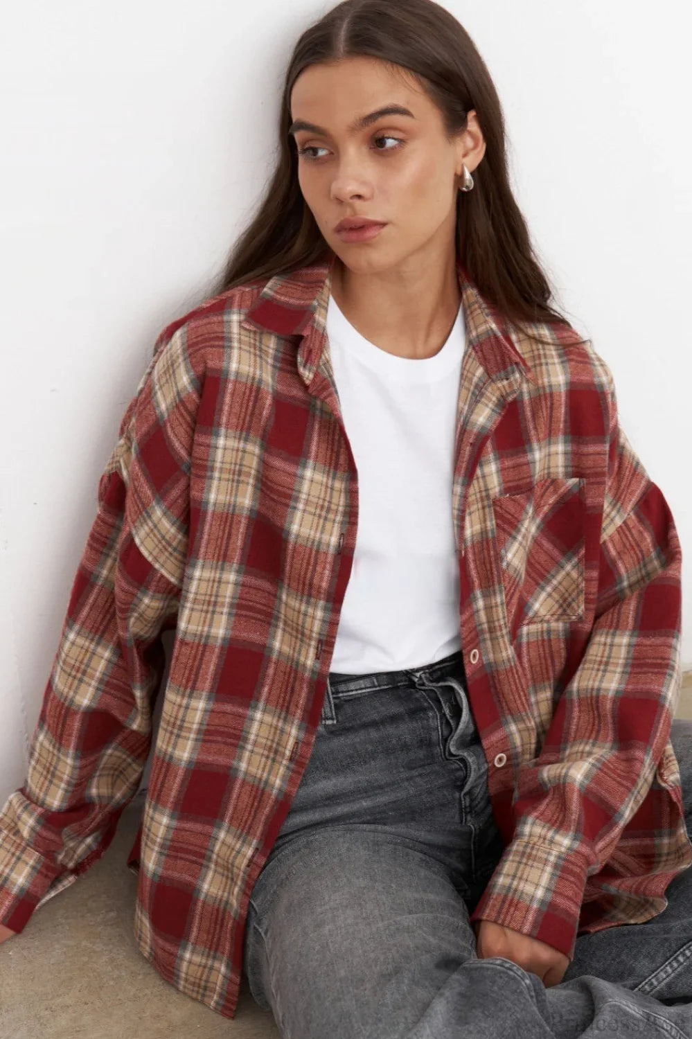 Vintage Plaid Pocket Long Sleeve Collared Blouse