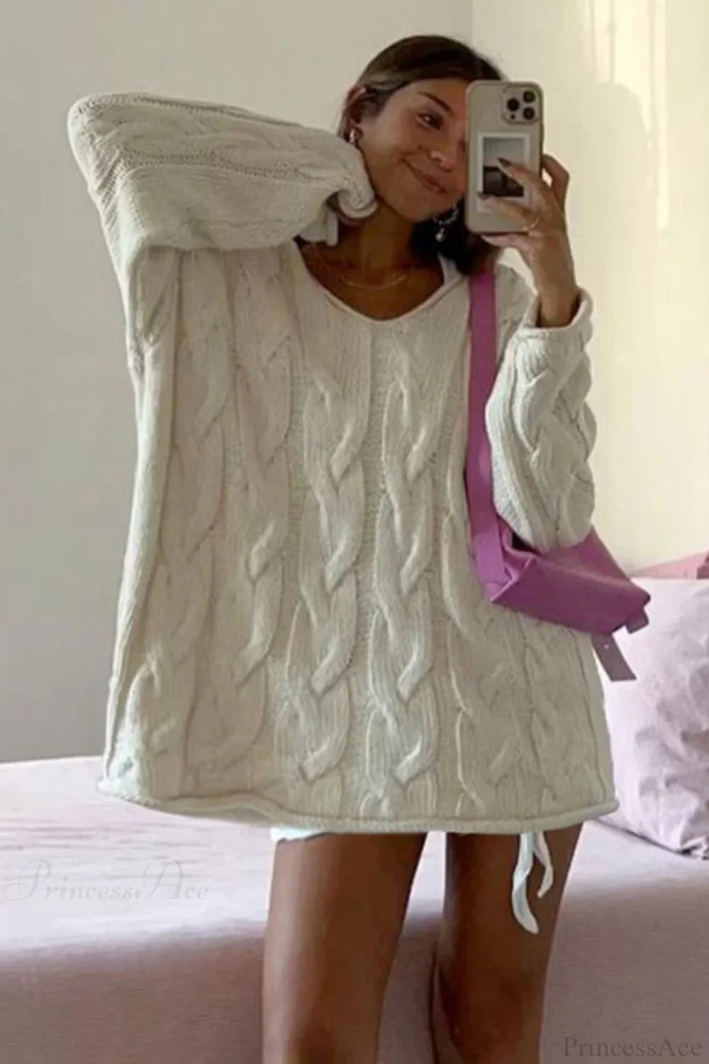 Pull vintage à col en V ample mi-long en maille torsadée à manches longues