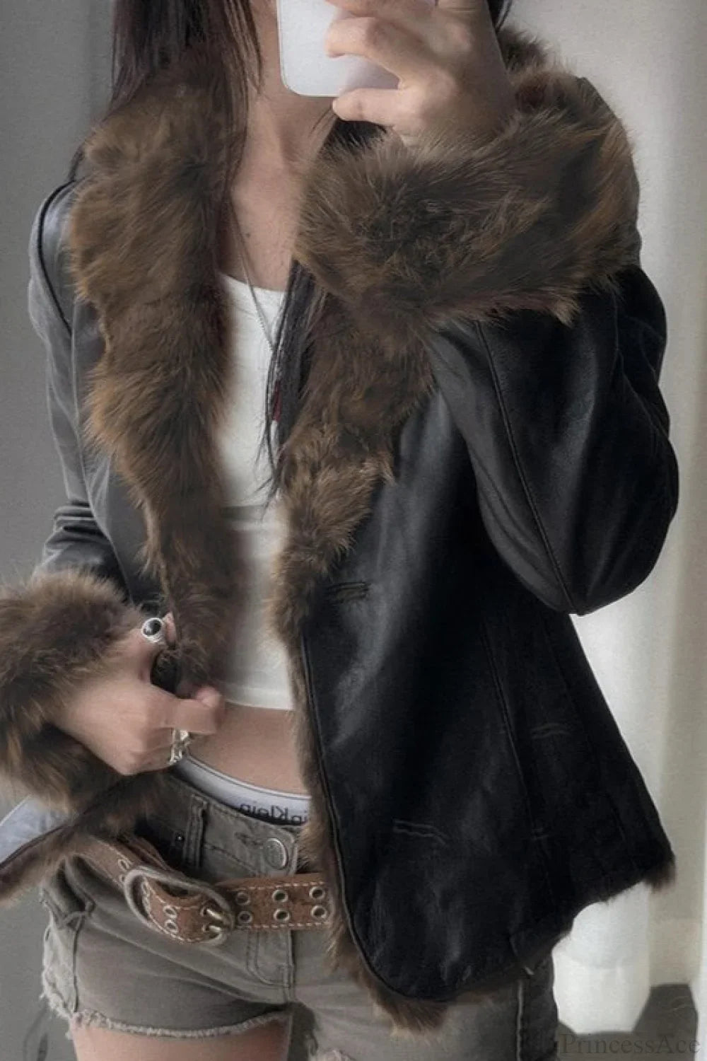 Vintage Y2K Furry Collar Leather Waist - Cinching Jacket