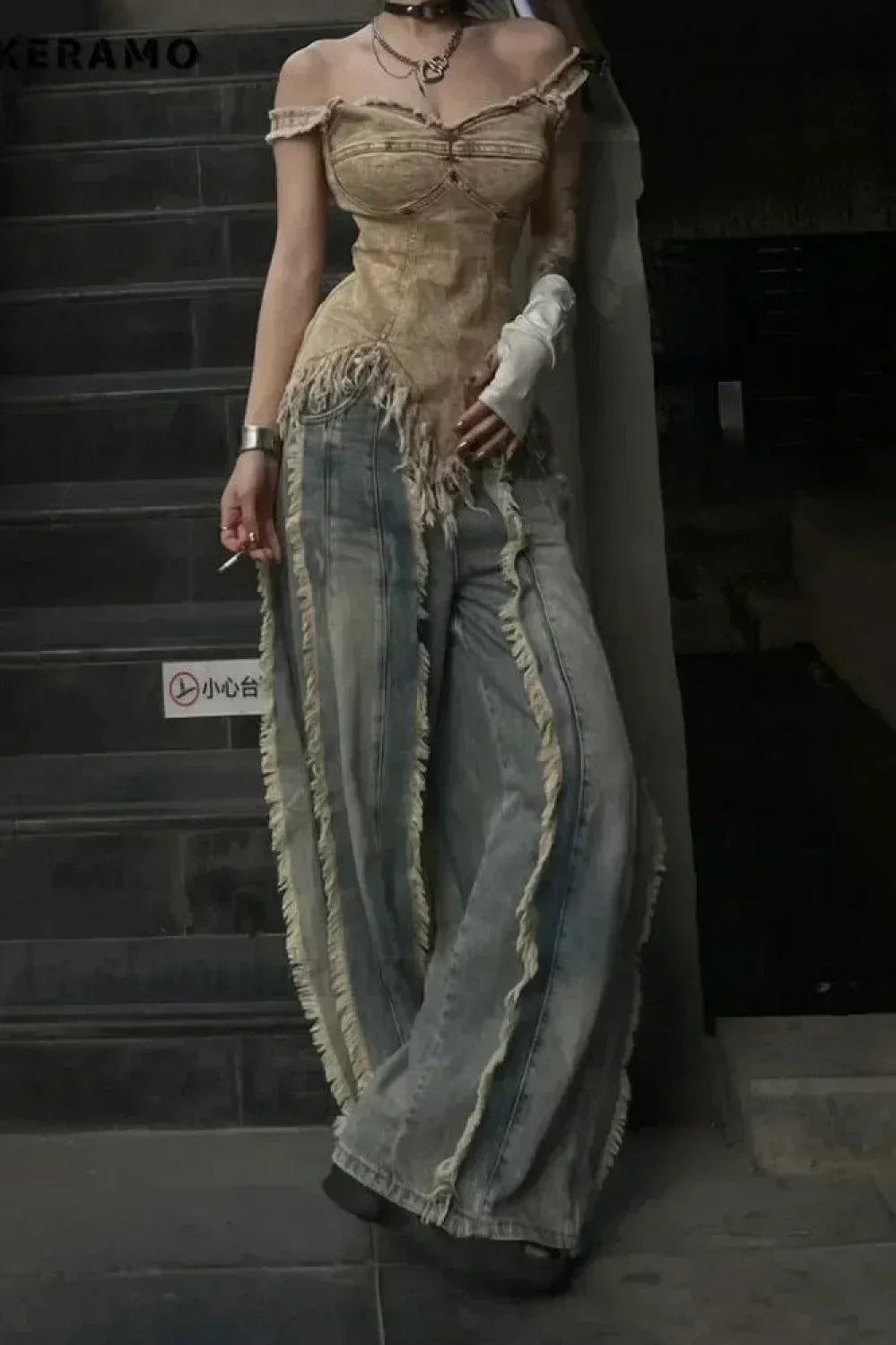 Washed Baggy Vintage Tassel Jeans