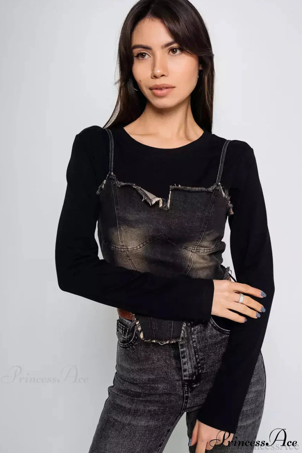 Washed Denim Cami Layered Slim Long Sleeve Tee