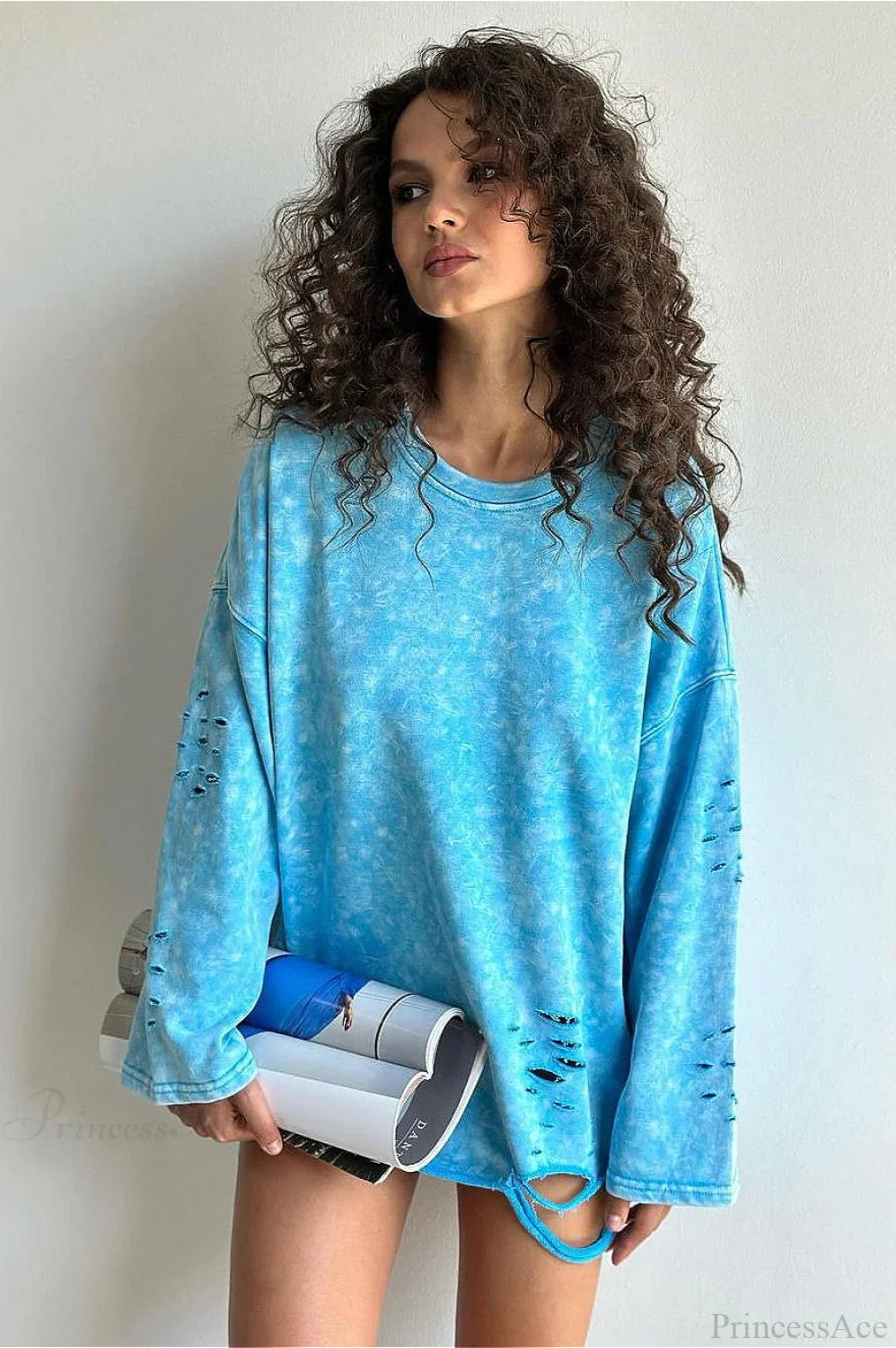 Washed Distressed Speckled Crew Neck Long Sleeve Tee