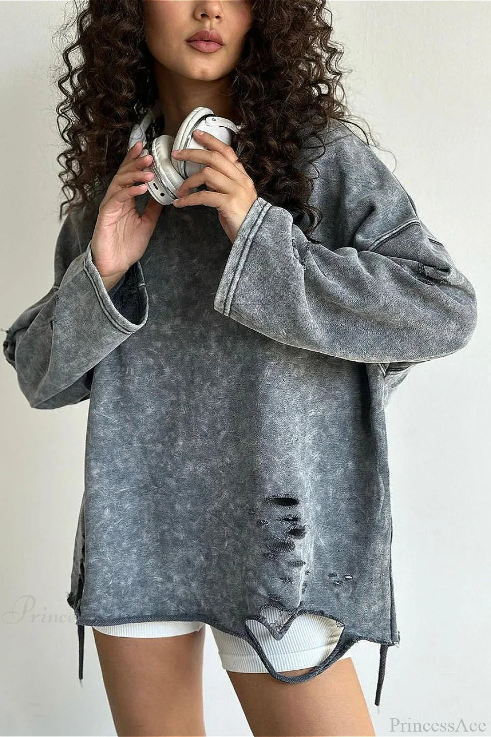 Washed Distressed Speckled Crew Neck Long Sleeve Tee