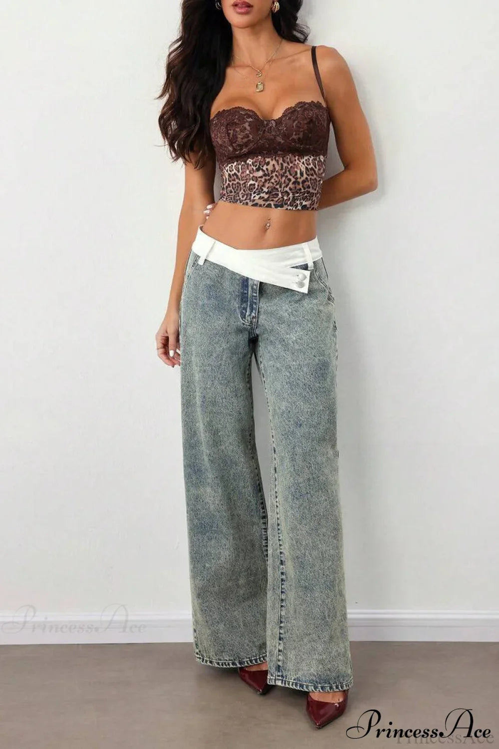 Washed Waist Panel Loose Wide Leg Versatile Jeans