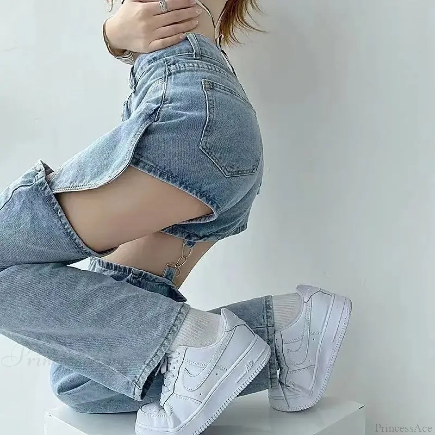 Washed Zipper Fake Ripped Denim Pants