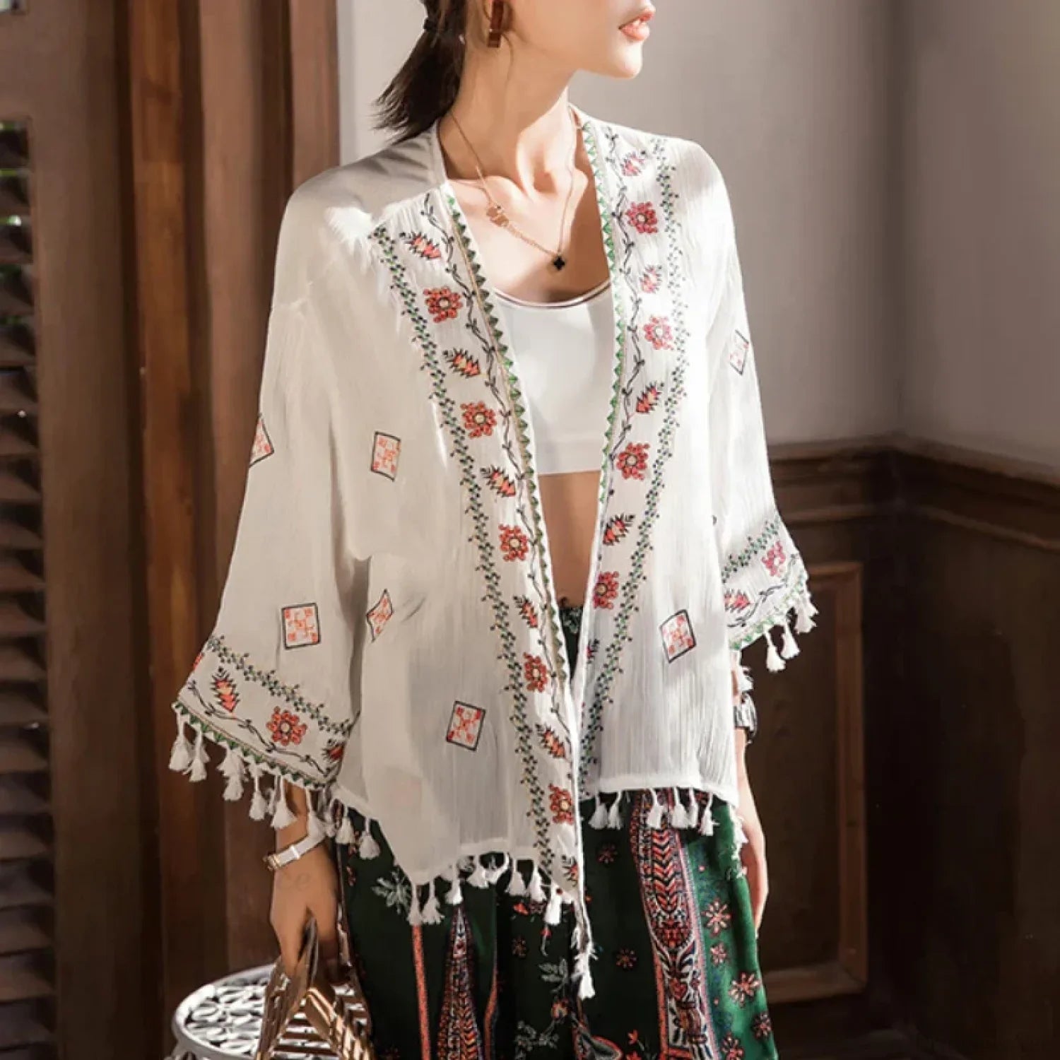 White Cotton Rayon Floral Embroidery Beach Cover up