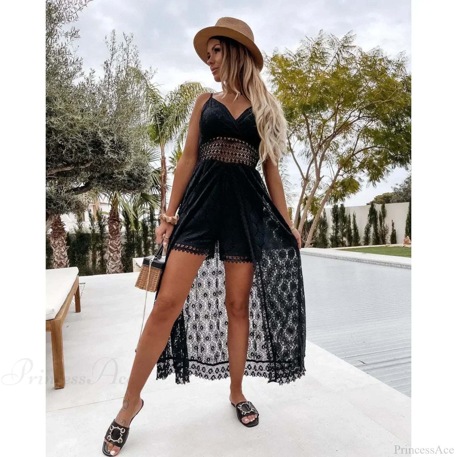 White Hollow Out Lace Strapless Sexy Split Midi Boho Dress
