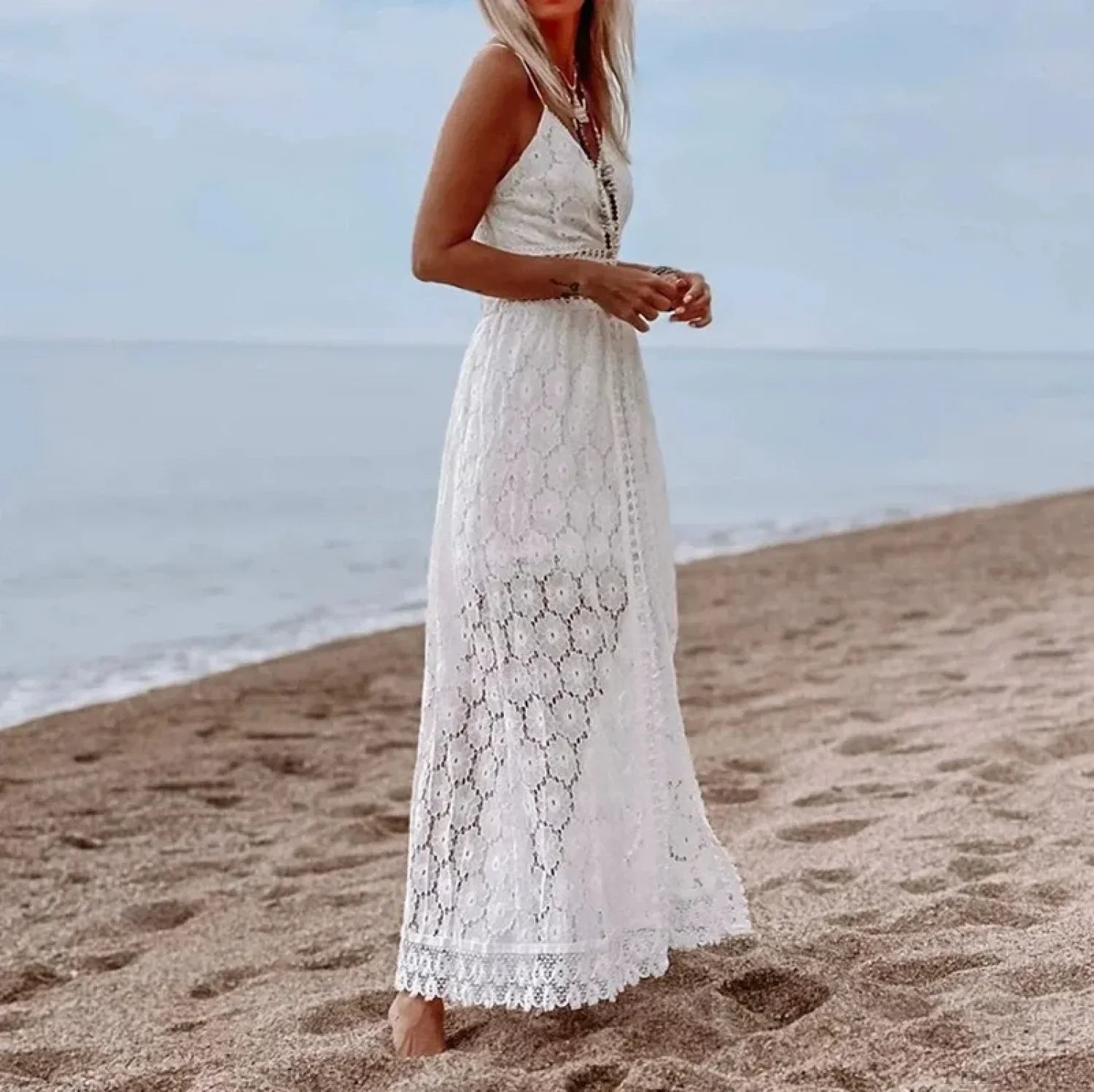 White Hollow Out Lace Strapless Sexy Split Midi Boho Dress
