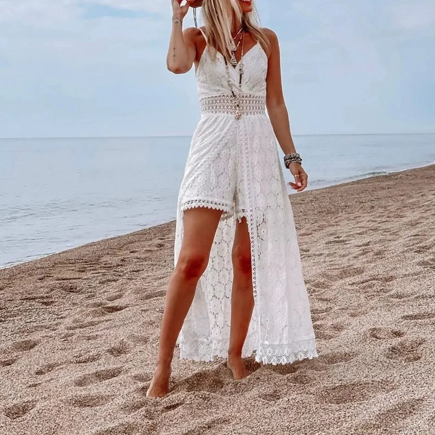 White Hollow Out Lace Strapless Sexy Split Midi Boho Dress