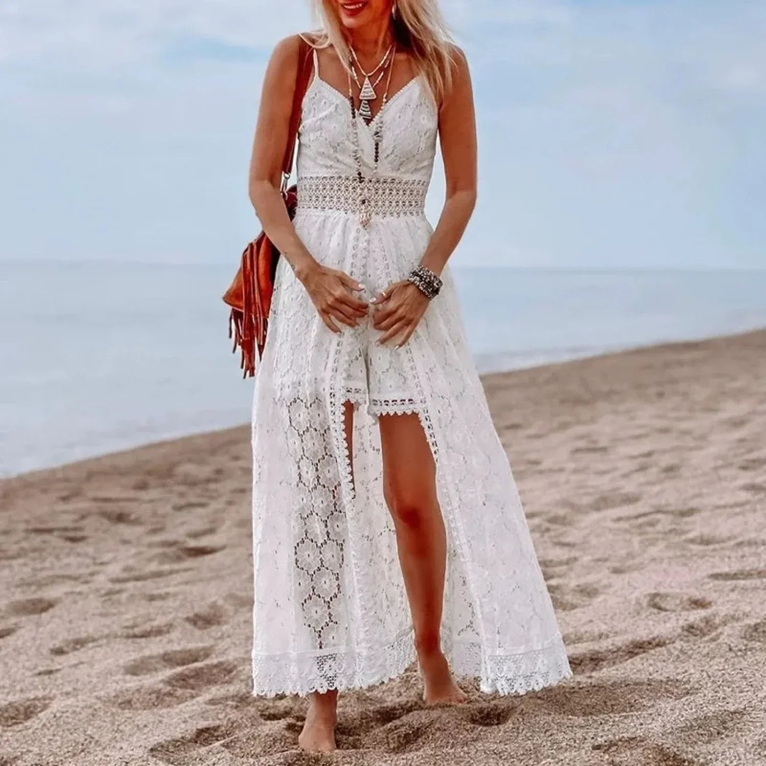 White Hollow Out Lace Strapless Sexy Split Midi Boho Dress