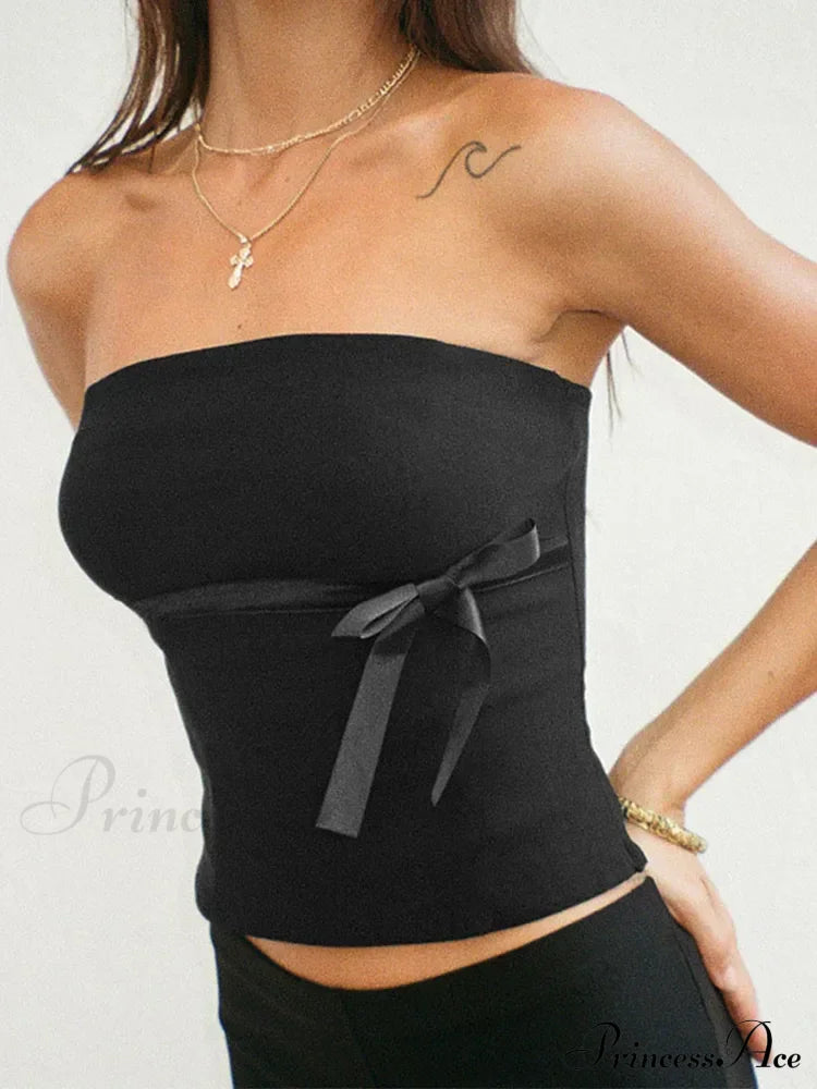 Women Harajuku Pullover Strapless Bowtie Patchwork Skinny Crops Camisole Shirt Outfits Tank top