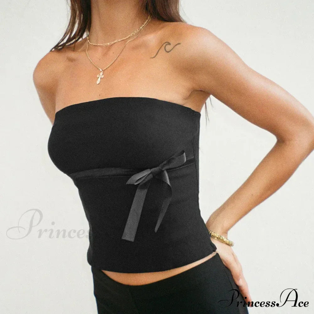 Maglietta donna Harajuku a fascia senza spalline con fiocco, top corto attillato a pezzi, canottiera