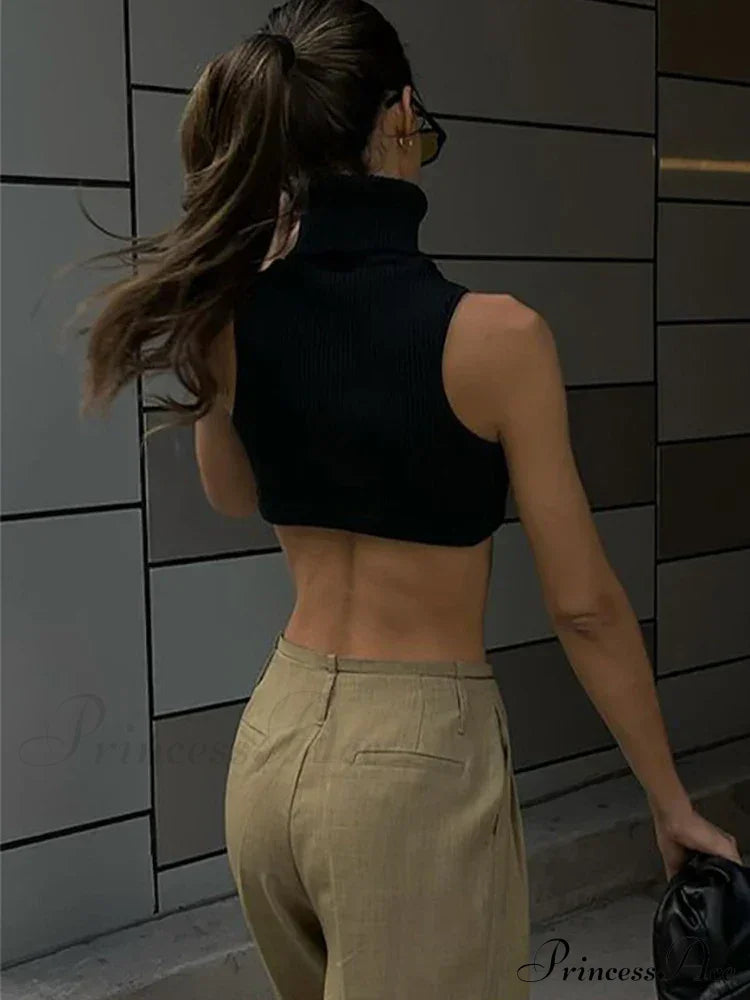 Y2k Black Knitting Turtleneck Crop Women Irregularity Skinny Elasticity Fashion Club Streetwear Tank top