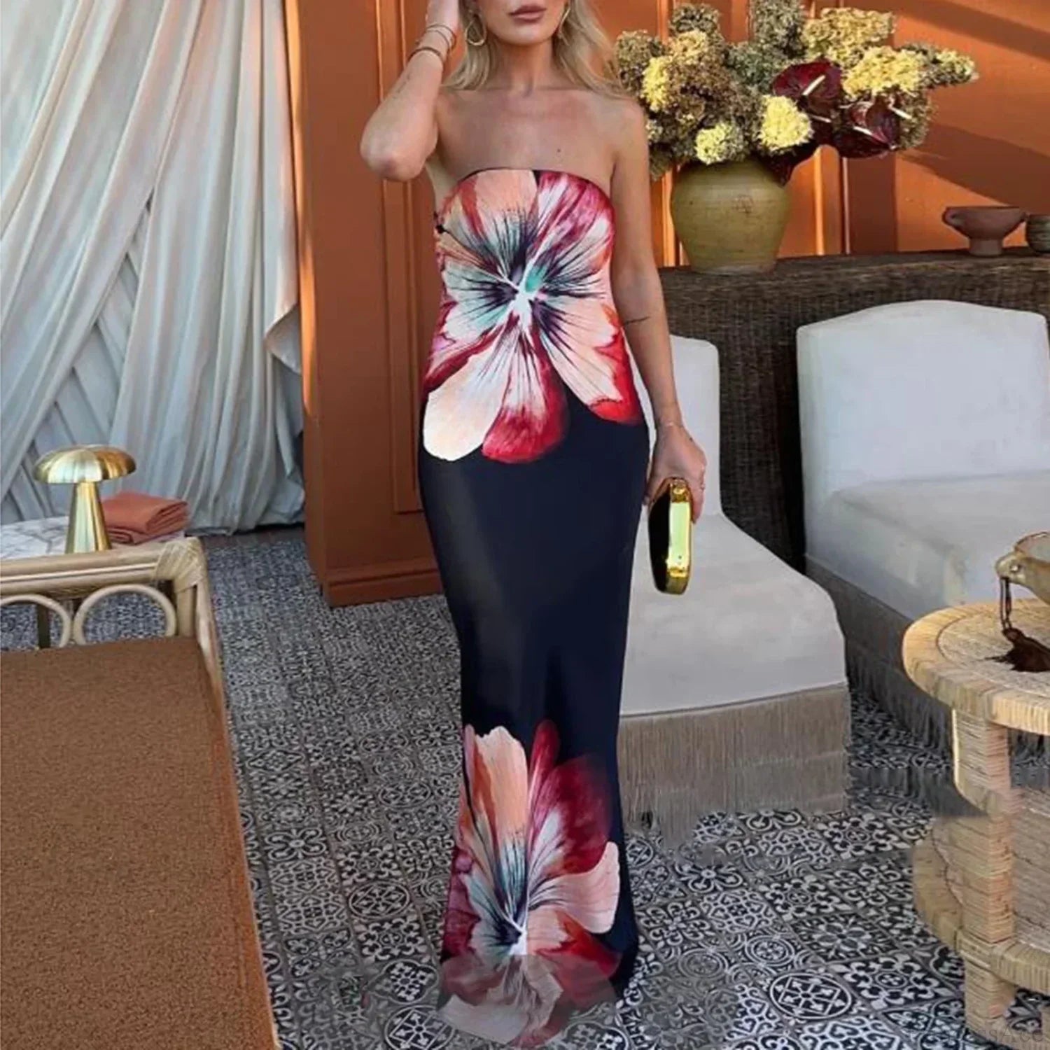 Abito estivo Y2K floreale senza spalline, senza schienale, a tubino