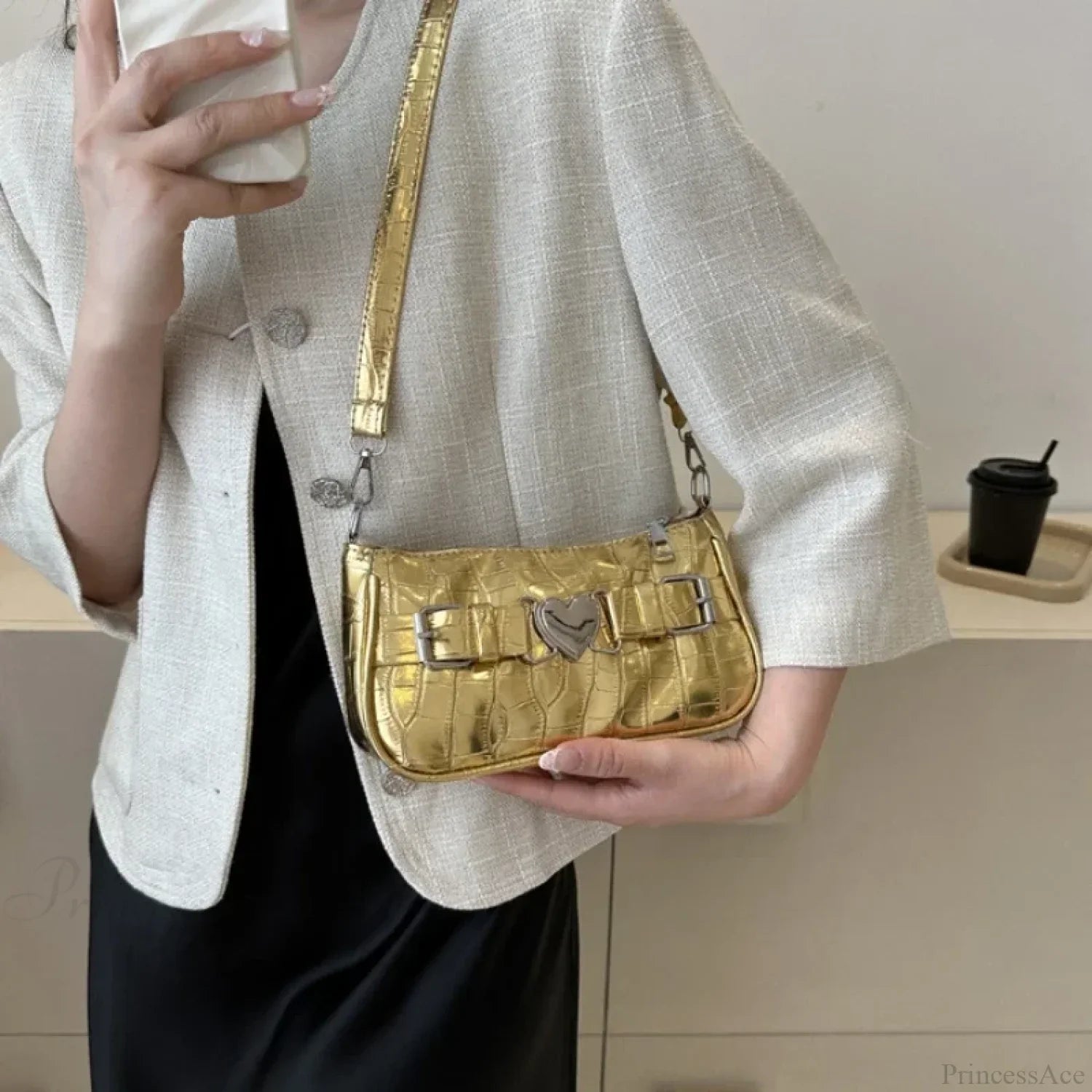 Bolsa de Ombro de Couro Coração Pêssego Y2K